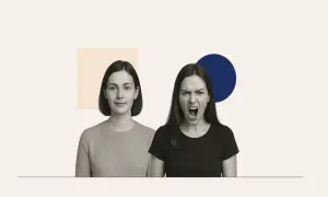 Dwie kobiety, jedna spokojna, druga krzycząca. Obraz symbolizuje zmienne nastroje i objawy zaburzeń osobowości.