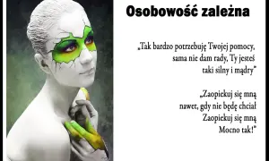 Kobieta z makijażem pękniętej skorupy jajka, symbolizująca osobowość zależną, prosi o opiekę.