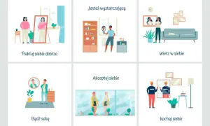 Ilustracje pokazują, jak radzić sobie z niskim poczuciem własnej wartości poprzez akceptację, wiarę w siebie i dbanie o siebie. Terapia wspiera te procesy.
