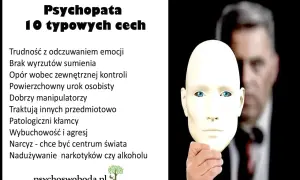 Psychopata: 10 cech. Lista zawiera m.in. brak wyrzutów sumienia, powierzchowny urok i manipulację. Twarz ukryta za maską.