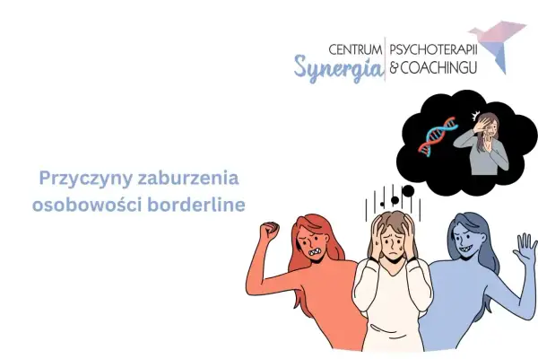 Ilustracja przedstawia przyczyny zaburzenia osobowości borderline: emocjonalne burze, stres i genetyczne uwarunkowania.