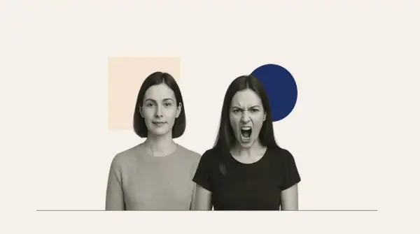 Dwie kobiety, jedna spokojna, druga krzycząca. Obraz symbolizuje zmienne nastroje i objawy zaburzeń osobowości.