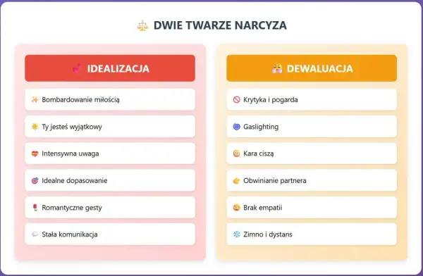 Dwie twarze narcyza: idealizacja (bombardowanie miłością, uwaga) i dewaluacja (krytyka, gaslighting). Po jakim czasie narcyz wraca? Po fazie dewaluacji.