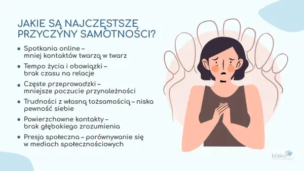 Ilustracja przedstawia smutną postać otoczoną cieniami, symbolizującymi przyczyny samotności. Dowiedz się, jak radzić sobie z samotnością.