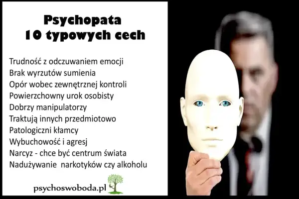 Psychopata: 10 cech. Lista zawiera m.in. brak wyrzutów sumienia, powierzchowny urok i manipulację. Twarz ukryta za maską.